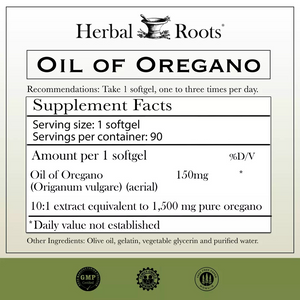 ***NEW PRODUCT***Herbal Roots OIL OF OREGANO PROMOTES GUT HEALTH & IMMUNE SYSTEM 150mg - 90 Softgels High Potency